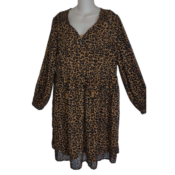 Time And Tru LEOPARD Babydoll SMOCK Dress BOHO Hippie Peasant Animal Sz L 12-14 - Picture 2 of 15